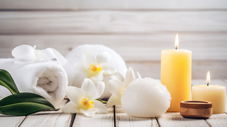 Spa composition massage herbal ball, plumeria flower in vase,coconut coffee soap,white towels and candle on white wood table background, soft white tone still life. AI Generativeの素材