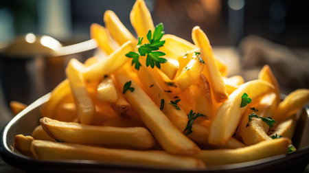 Freshly prepared French fries cuisine dish, close - up photo of food, Generative AIの素材