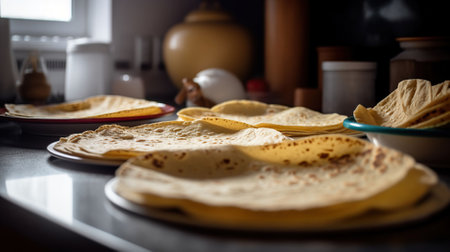 Delicious tortillas on kitchen table, top view, AI Generativeの素材