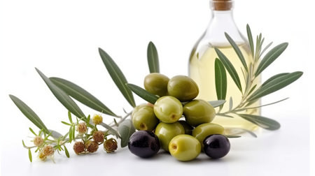 The Beauty of Simplicity, Olives, Olive Oil, and a Blooming Branch on a Clean White Background. Generative AIの素材