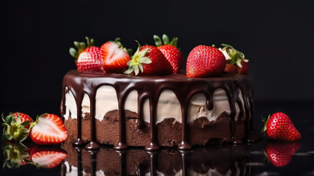 Three chocolates cake with chocolate drips on a black background. Layered cake with milk, black and white chocolate souffle decorated with strawberries on top. Generative AIの素材