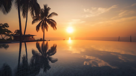 Luxury pool on swimming summer beach, tropical landscape. Beautiful tranquil beach holiday vacation background. Generative AIの素材