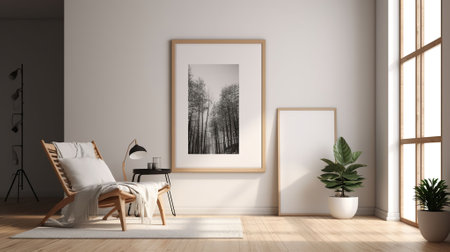Minimal bright interior with round mirror on the wall. 3D rendering illustration. Generative AIの素材