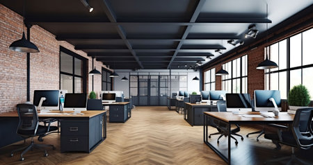 Modern office interior design. Loft concept 3d rendering. Generative AIの素材