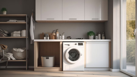 Interior of a real laundry room with a washing machine at the window at home. Generative AIの素材