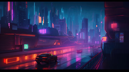A futuristic city with flying cars, in the style of Blade Runner. Generative AIの素材