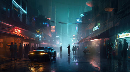 Electric Dreams and Human Desires, The Haunting World of Blade Runner, Neon City Retro Modern Virtual Reality Sci Fi Futuristic. Generative AIの素材