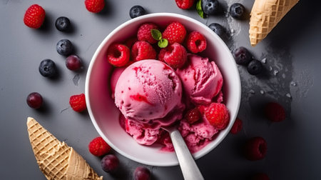 Raspberry ice cream in white bowl overhead shot. Generative AIの素材
