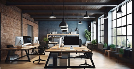 Designing for Efficiency, A 3D Rendered Modern Office Interior with a Loft Concept. Generative AIの素材