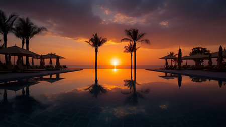 Luxury pool on swimming summer beach, tropical landscape. Beautiful tranquil beach holiday vacation background. Generative AIの素材
