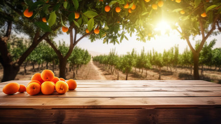 Rustic Charm: Creating a Beautiful Display on a Wooden Table Surrounded by Oranges. Copy space, AI Generativeの素材