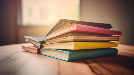 Stack of books in the colored cover lay and open book with old pages on the wooden table and pastel background. Education learning concept. Generative AIの素材