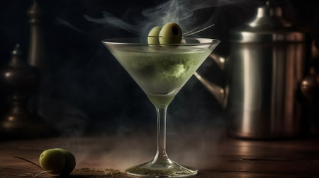 A martini glass is filled with clear vodka and liquid nitrogen, one detailed small green olive is in the martini glass, the martini glass is sitting on an old wooden table. Generative AIの素材