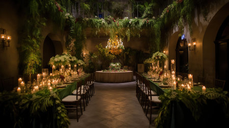 The wedding venue was transformed into a fairytale-like setting with lush greenery and flowers cascading down the walls. Generative AIの素材