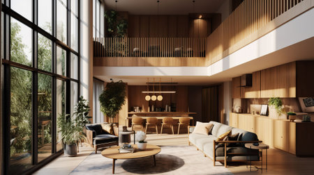 Vintage aesthetics, Spacious, double-height lounge in an apartment building with and open second level that combines the warmth of organic architecture, Generative AIの素材