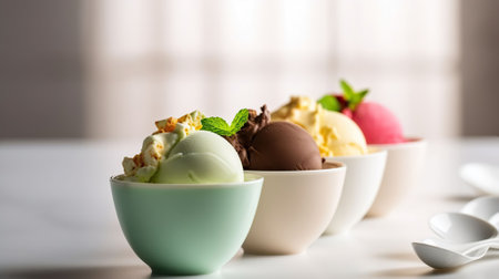 Selection of colorful ice cream scoops in white bowls, copy space. Generative AIの素材
