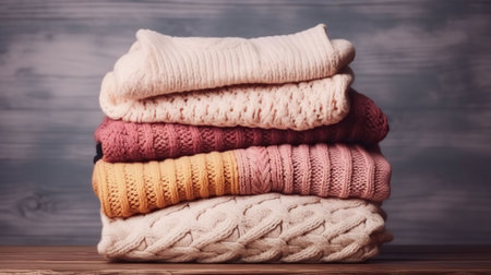 Bunch of knitted warm pastel color sweaters with different knitting patterns folded in stack on brown wooden table, grunged texture wall background. Fall winter season knitwear. Generative AIの素材
