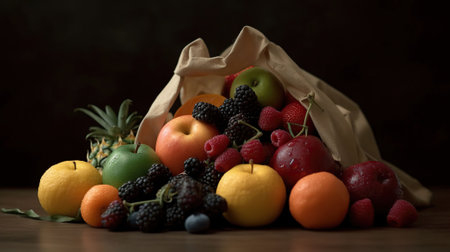 Bunch of mixed organic fruits, in full eco friendly shopping bag to reduce ecological footprint. Zero waste concept. copy space, Generative AIの素材