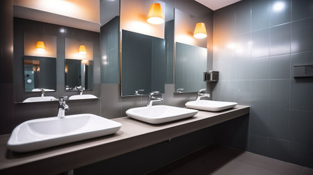 Empty bathroom public restroom interior with washing hand sinks. Mirror with hand basin and faucet in clean toilet. AI Generativeの素材