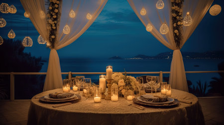 Starry celestial romantic wedding theme, imperial wedding table, sea view, starry night sky, soft candlelight. Generative AIの素材
