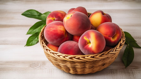 Bunch of ripe organic peaches in a wicker bowl, white wooden table background. Local produce fruits in a basket. Clean eating concept. Top view, close up, Generative AIの素材