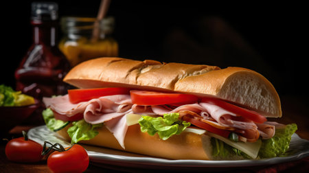 Classic Italian food. Deli sliced ham on toasted french baguette with melted provolone, iceberg lettuce, and 4 slices of roma tomatoes, Generative AIの素材