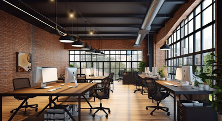Designing for Efficiency, A 3D Rendered Modern Office Interior with a Loft Concept. Generative AIの素材