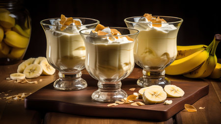 Glasses with delicious banana pudding on table. AI Generativeの素材