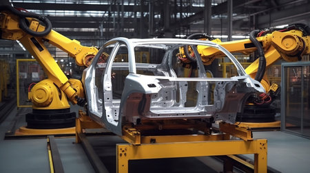 Frame and body for manufacture of new cars in workshop of automobile industry robotic. Generative AIの素材