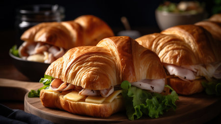 Delicious deli turkey croissant sandwiches. Close - up, Generative AIの素材