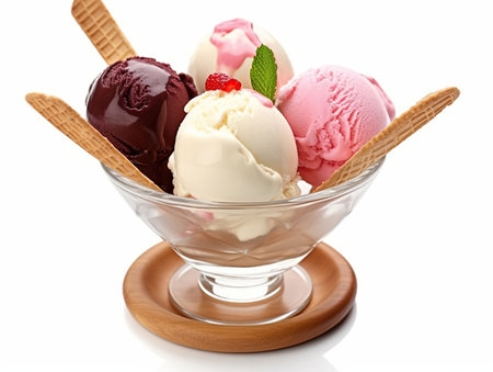 Vanilla, strawberry and chocolate ice cream scoops with wafer stick in sundae bowl or ice cream in sundae dish isolated on white background, Generative AIの素材