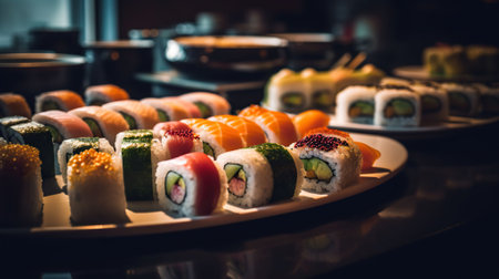 Delicious chinese sushi in a sushi restaurant, portrait Photography. Generative AIの素材