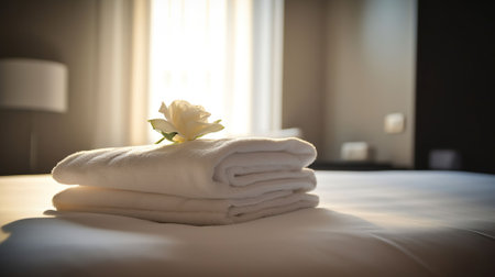 Hotel room with freshly made bed, perfectly clean and ironed sheets, stack of new folded towels and single flower as decoration. Generative AIの素材