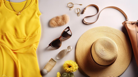 International womens day sale. Woman clothes & accessories, spring summer collection. Yellow dress, straw hat & shoulder bag, brown sunglasses eyewear. Generative Aiの素材