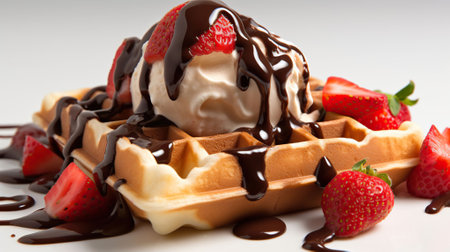 Chocolate strawberries over waffles and chocolate sauce, in the style of black and white mastery, roller wave, dynamic color schemes, Generative AIの素材