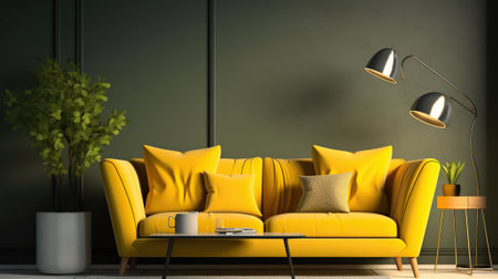 Contemporary trendy yellow living room on green Concept design. Modern sofa and Floor lamp. Beautiful flat illustration with trendy living room, Generative AIの素材