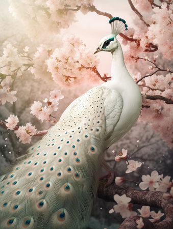 A beautiful spring scene of spring, with beautiful white peacock's glittering feathers, AI Generativeの素材