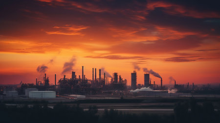 Petrochemical industrial plant power station at sunset, Generative AIの素材