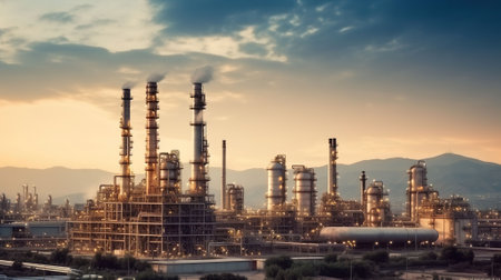 Oil refinery with a background of mountains and sky.The factory is located in the middle of nature and no emissions, Top View, Generative AIの素材