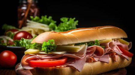 Classic Italian food. Deli sliced ham on toasted french baguette with melted provolone, iceberg lettuce, and 4 slices of roma tomatoes, Generative AIの素材