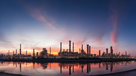 Petrochemical industrial plant power station at sunset and Twilight sky, Generative AIの素材