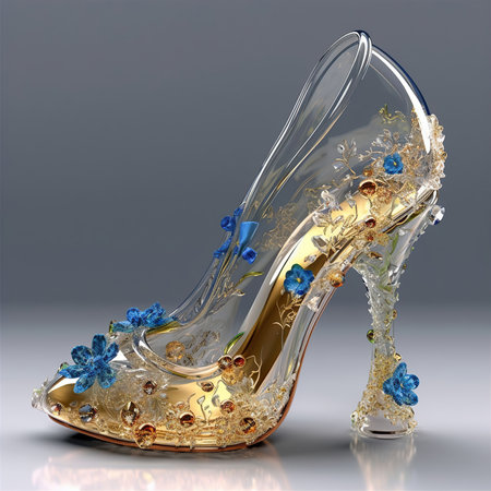 A pair of gorgeous clear crystal high heels, The heel is transparent gold.,Has delicate carved textures,The shoes are decorated with colorful flowers, Generative AIの素材