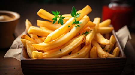 Freshly prepared French fries cuisine dish, close - up photo of food, Generative AIの素材