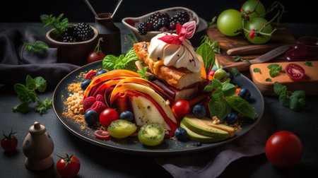 Food as Art, A Beautifully Composed Meal with an Appetizing Palette. Generative AIの素材