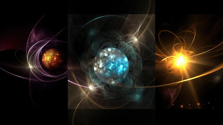 Colorful abstract of atom explosions on dark background, in the style of delicate fantasy worlds, systems art. Generative AIの素材