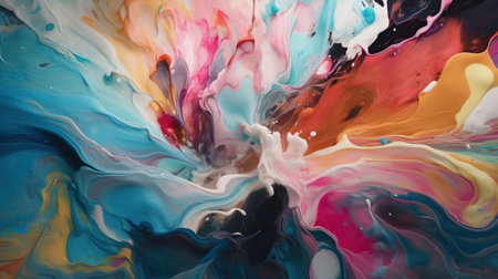 Closeup of swirling mixture of oils, paint, milk, and soap. Background. Generative AIの素材