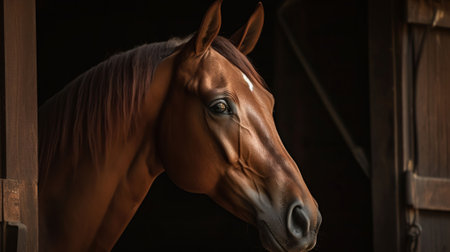Head of the thoroughbred horse looking over the wooden stable doors. Close up, Generative AIの素材
