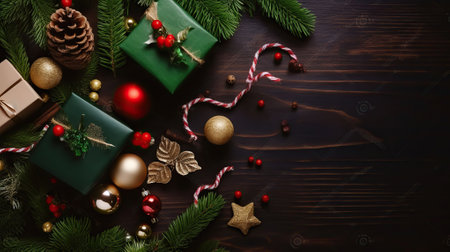 Christmas mood concept. Layout composition with traditional festive attributes, green decorative fresh pine tree branches. Winter holidays season. Copy space, Generative AIの素材