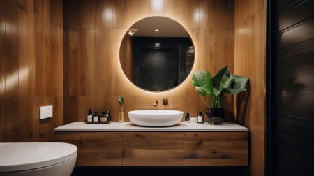 Elegant Interior of light bathroom with counters, sink and mirror. Generative AIの素材