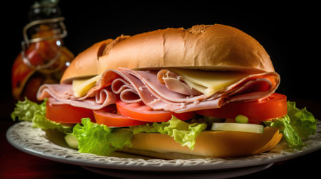 Deli sliced ham on toasted french baguette with melted provolone, iceberg lettuce, and 4 slices of roma tomatoes, Generative AIの素材